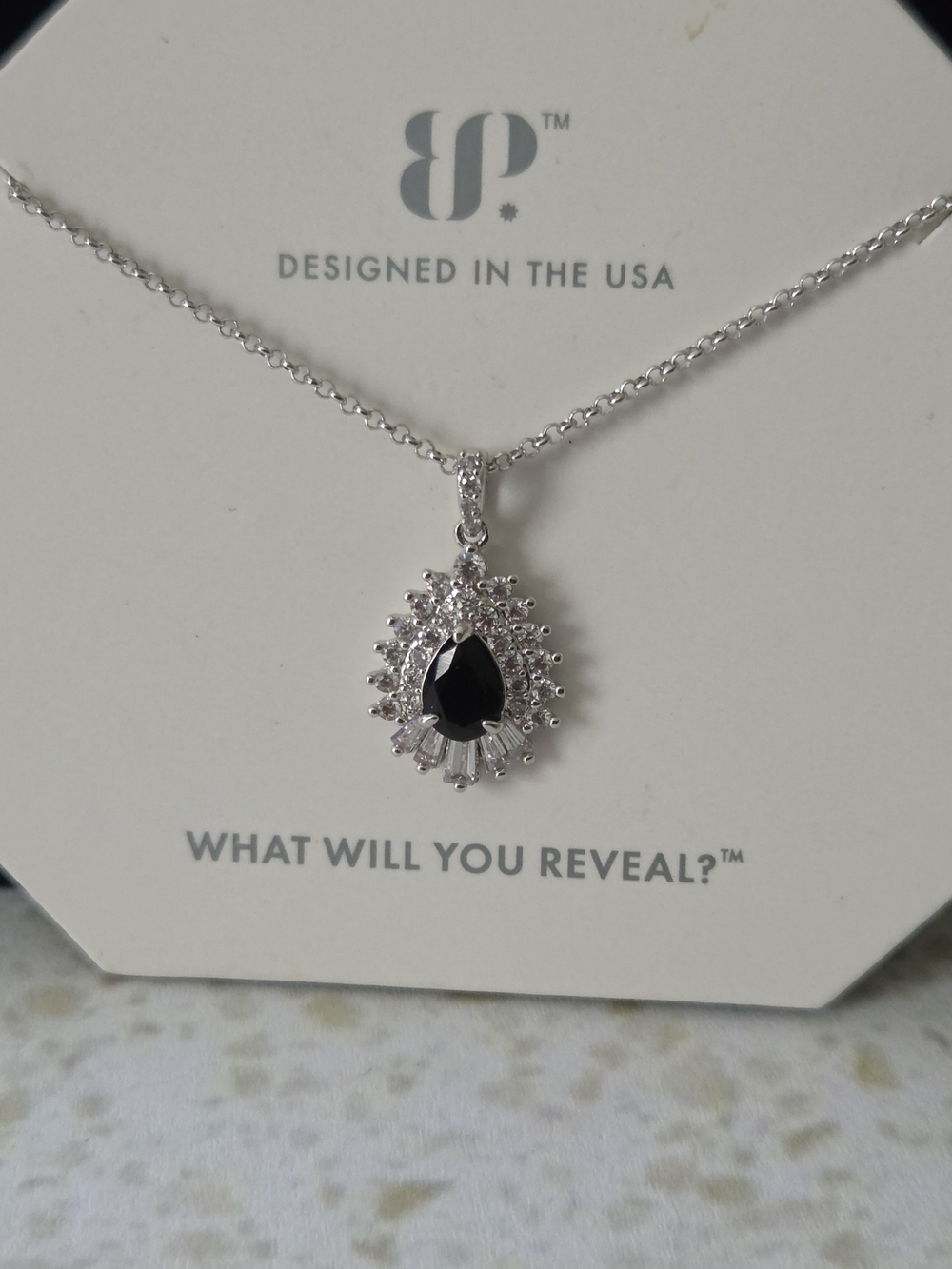 bp Silver Necklace with Black Onyx Teardrop Halo Pendant